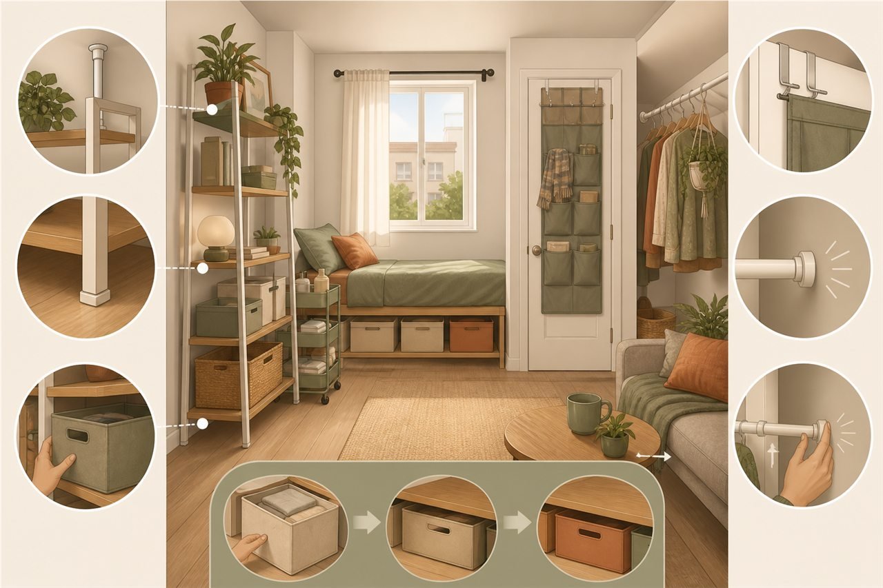 Apartamento de alquiler con estantería autoportante, carrito, organizador de puerta y barra a presión