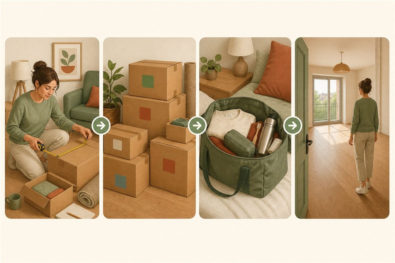 Secuencia ilustrada de clasificación, cajas por color, bolsa esencial y recorrido final de una mudanza