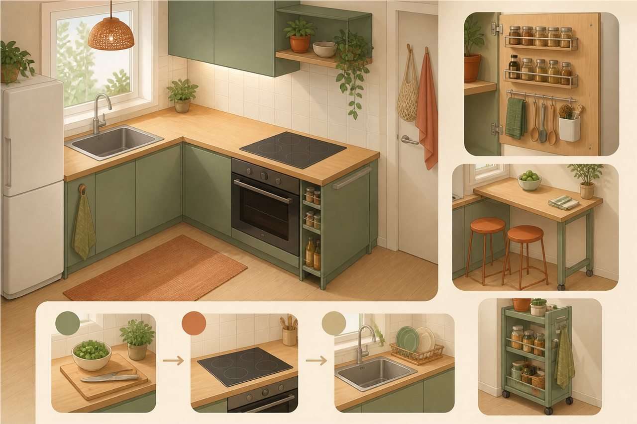 Cocina pequeña organizada sin obras con encimera despejada, puerta aprovechada y carrito estrecho