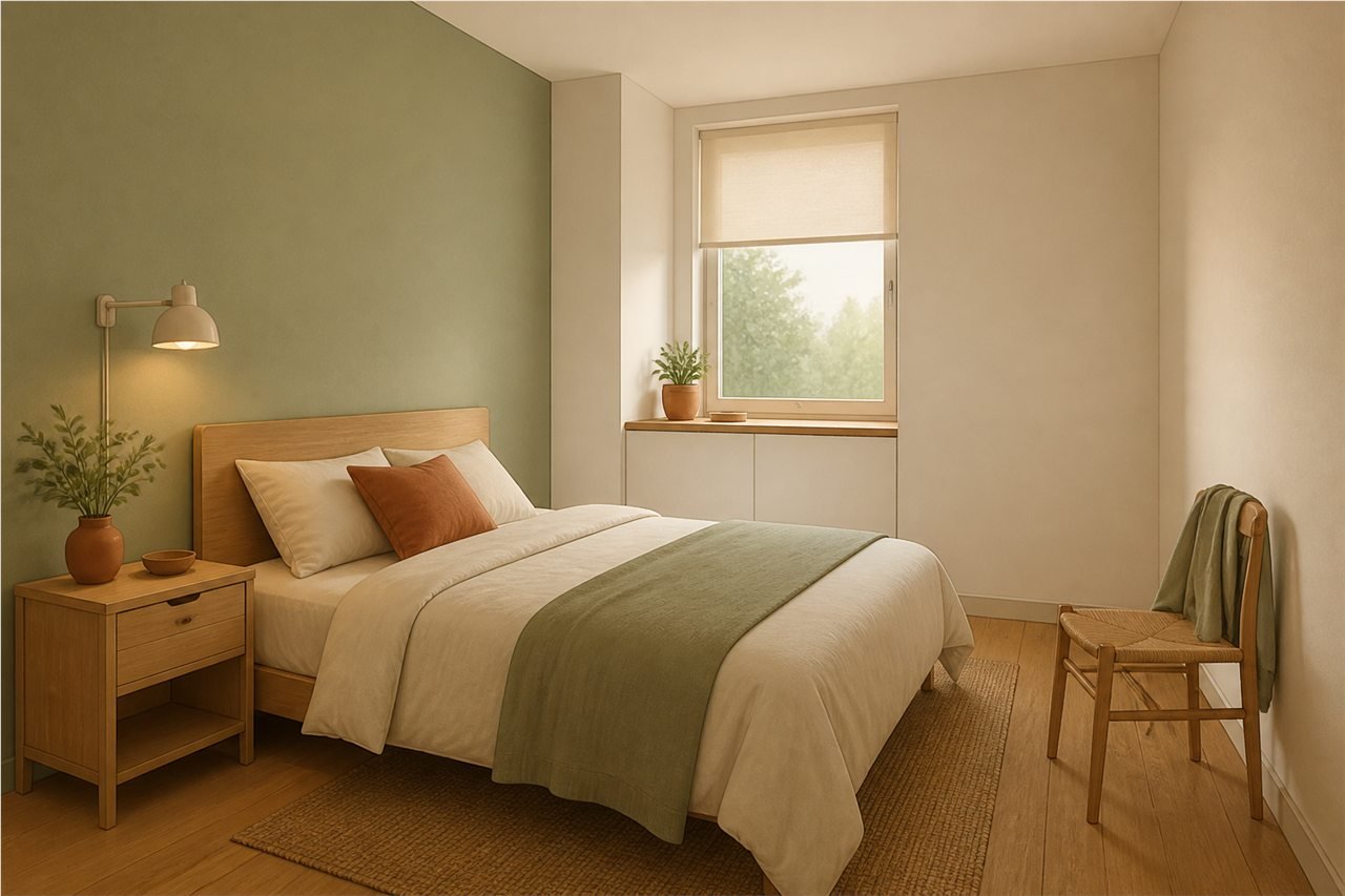 Dormitorio pequeño sereno con cama proporcionada, luz de lectura y una superficie despejada