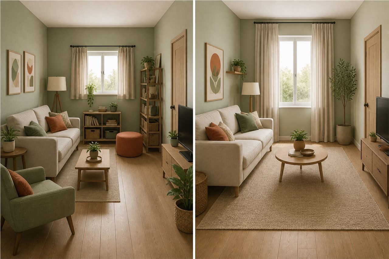 Comparación del mismo salón con exceso de piezas pequeñas y con mobiliario proporcionado y paso libre