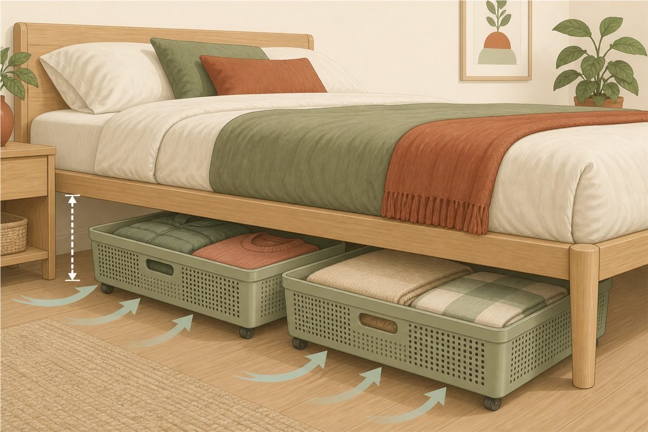 Cajas bajas ventiladas con ruedas guardadas bajo una cama con holgura para el aire