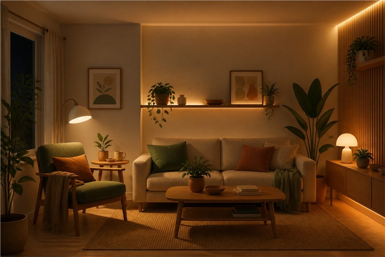Salón pequeño iluminado con luz general, de lectura y ambiental a distintas alturas
