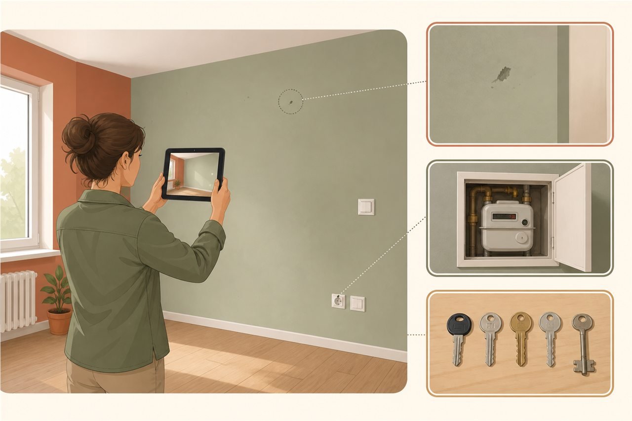 Persona documentando una pared, un contador y un juego de llaves al entrar en un piso de alquiler