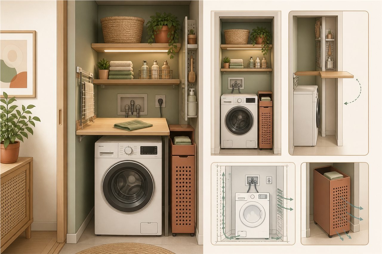 Lavandería compacta organizada en vertical con baldas, cesto ventilado y superficie abatible