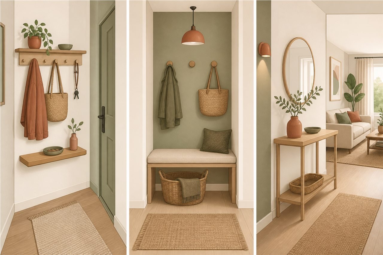 Tres configuraciones de recibidor pequeño con pared estrecha, banco y consola ligera
