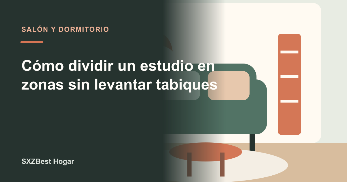 Estudio pequeño dividido en dormitorio, salón y escritorio mediante muebles bajos
