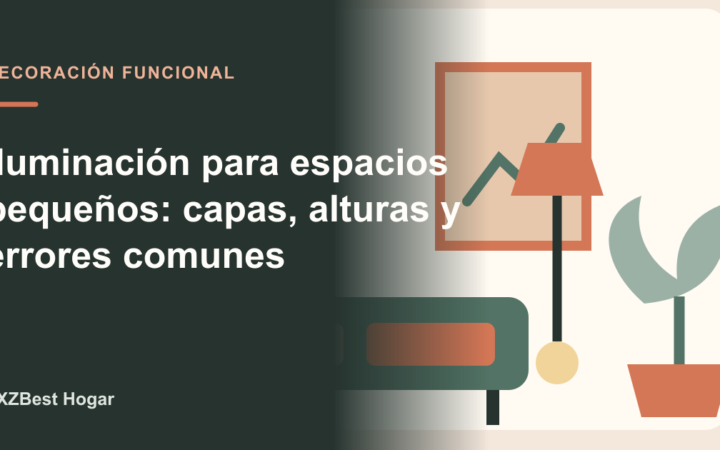 Salón compacto iluminado con lámpara de techo, lectura y luz ambiental